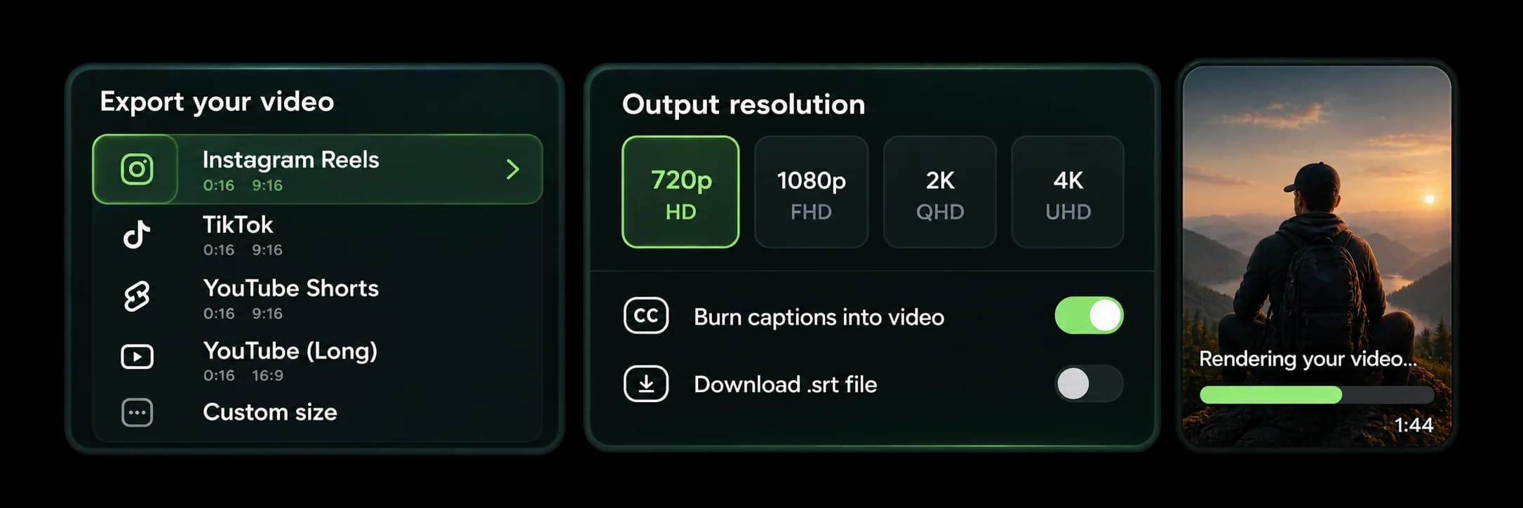 Export panel with platform presets, 720p to 4K output resolution and a render progress preview