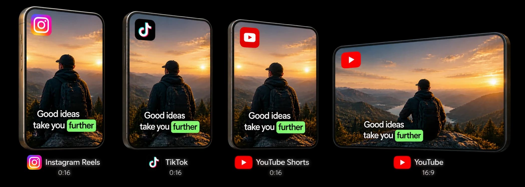 The same captioned clip framed for Instagram Reels, TikTok, YouTube Shorts and YouTube